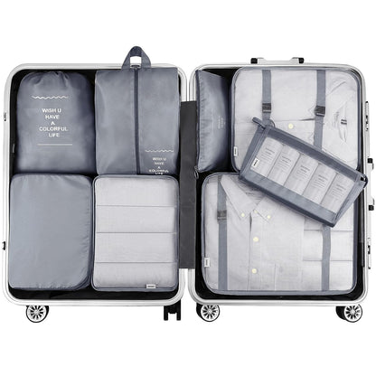 Drpshippr packing cubes set with shoe bag for travel, organizing clothes and accessories in luggage or suitcase.