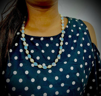 Drpshippr PD Enterprise MALA pearl and gold-plated necklace with intricate design and hanging pearl accents.