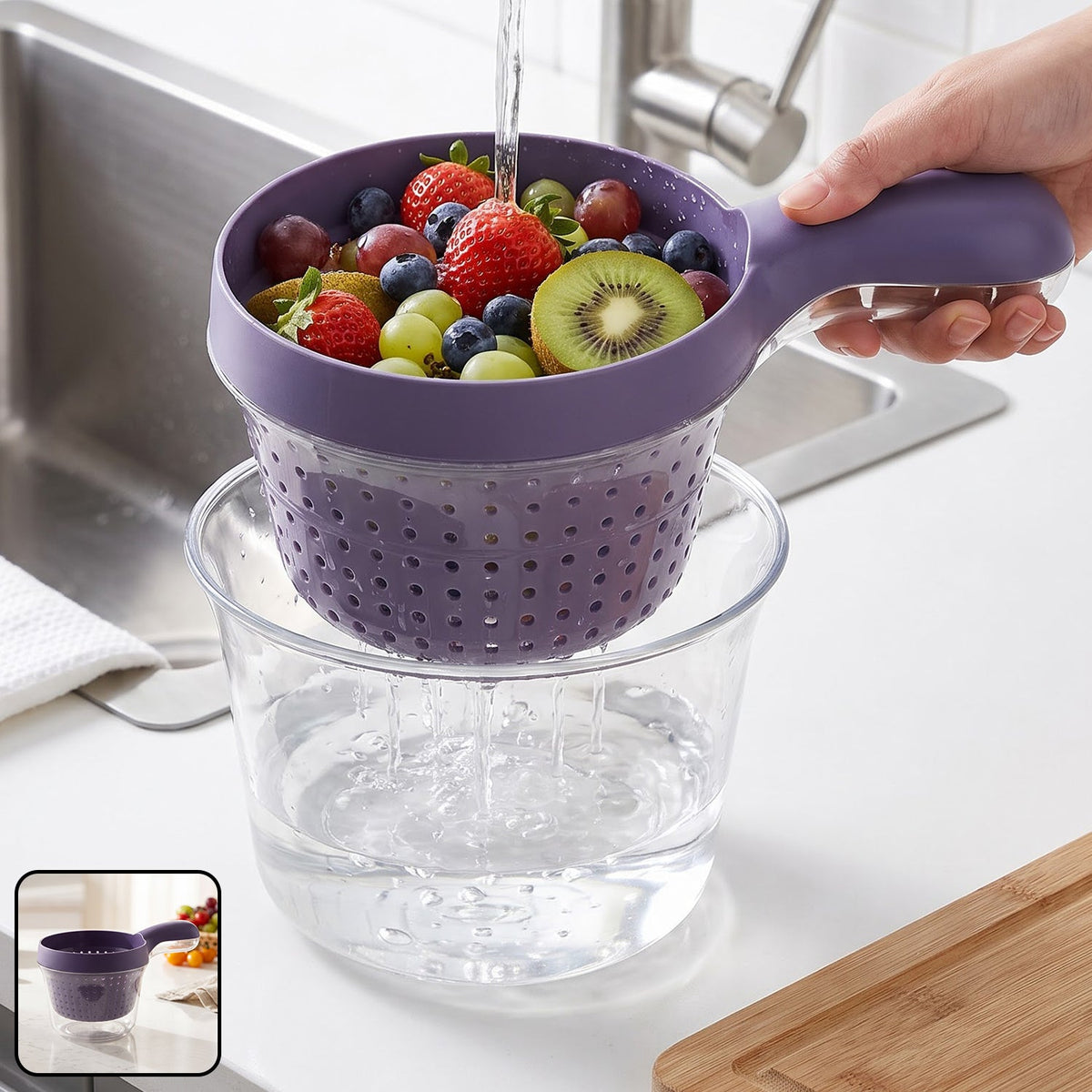 Plastic Drain Basket With Handle And Catch Bowl For Fruits And Vegetables (1 Pc)