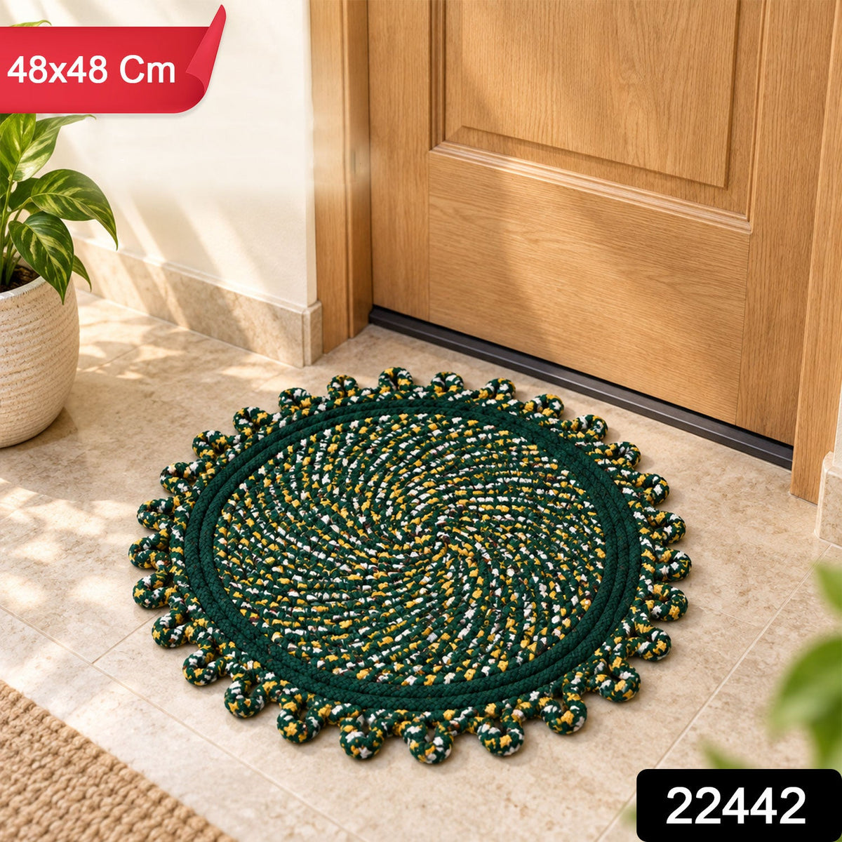 Round Decorative Braided Floor Mat With Looped Edge For Homes (1 Pc 48x48 Cm)