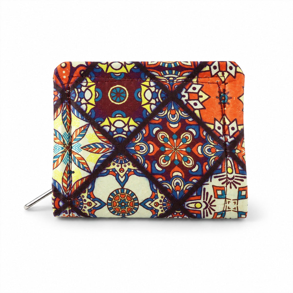 Wukusy Patola-style printed clutch wallet with zip closure, small 9x11 cm purse showcasing vibrant traditional patterns.