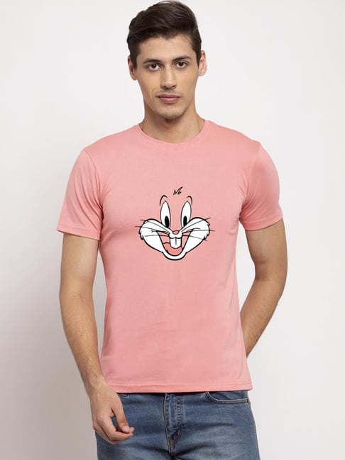 Pink men's cotton printed T-shirt with yellow design and round neck from Drpshippr Men's Collection.