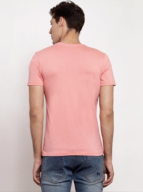 Pink men's cotton printed T-shirt with yellow design and round neck from Drpshippr Men's Collection.