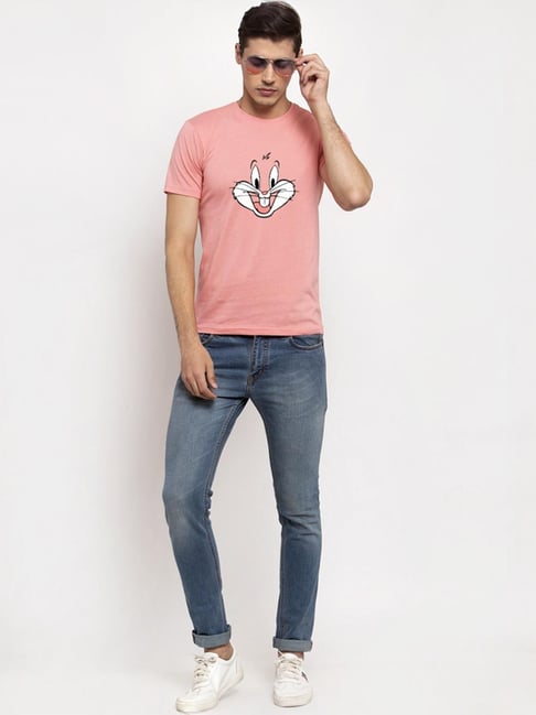 Pink men's cotton printed T-shirt with yellow design and round neck from Drpshippr Men's Collection.