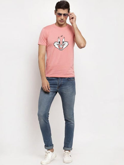 Pink men's cotton printed T-shirt with yellow design and round neck from Drpshippr Men's Collection.