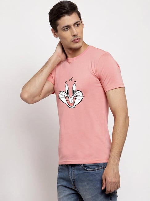 Pink men's cotton printed T-shirt with yellow design and round neck from Drpshippr's men's collection.