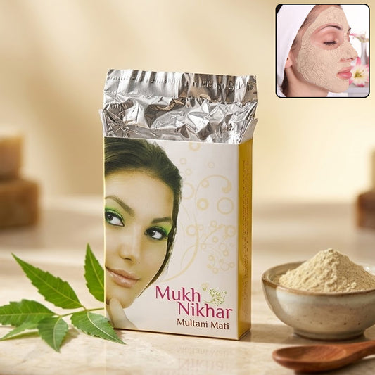 Wukusy Mukh Nikhar Multani Mati Powder in 100g packet, natural clay powder for skincare and face purification.