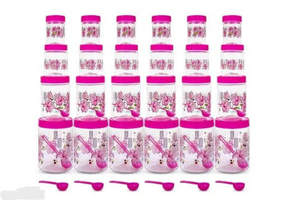 Set of six pink plastic airtight containers with printed designs and spoons, in 250ML, 350ML, 650ML, and 1250ML capacities.