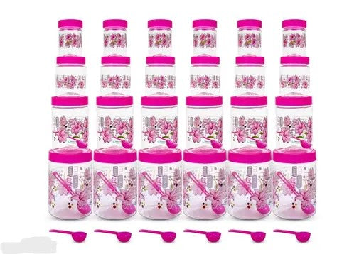 Plastic Airtight Heavy Quality Printed Design Container Set with Spoons with Different Capacities-250ML,350ML,650ML,1250ML-Pink(EACH OF 6,Set of 24)