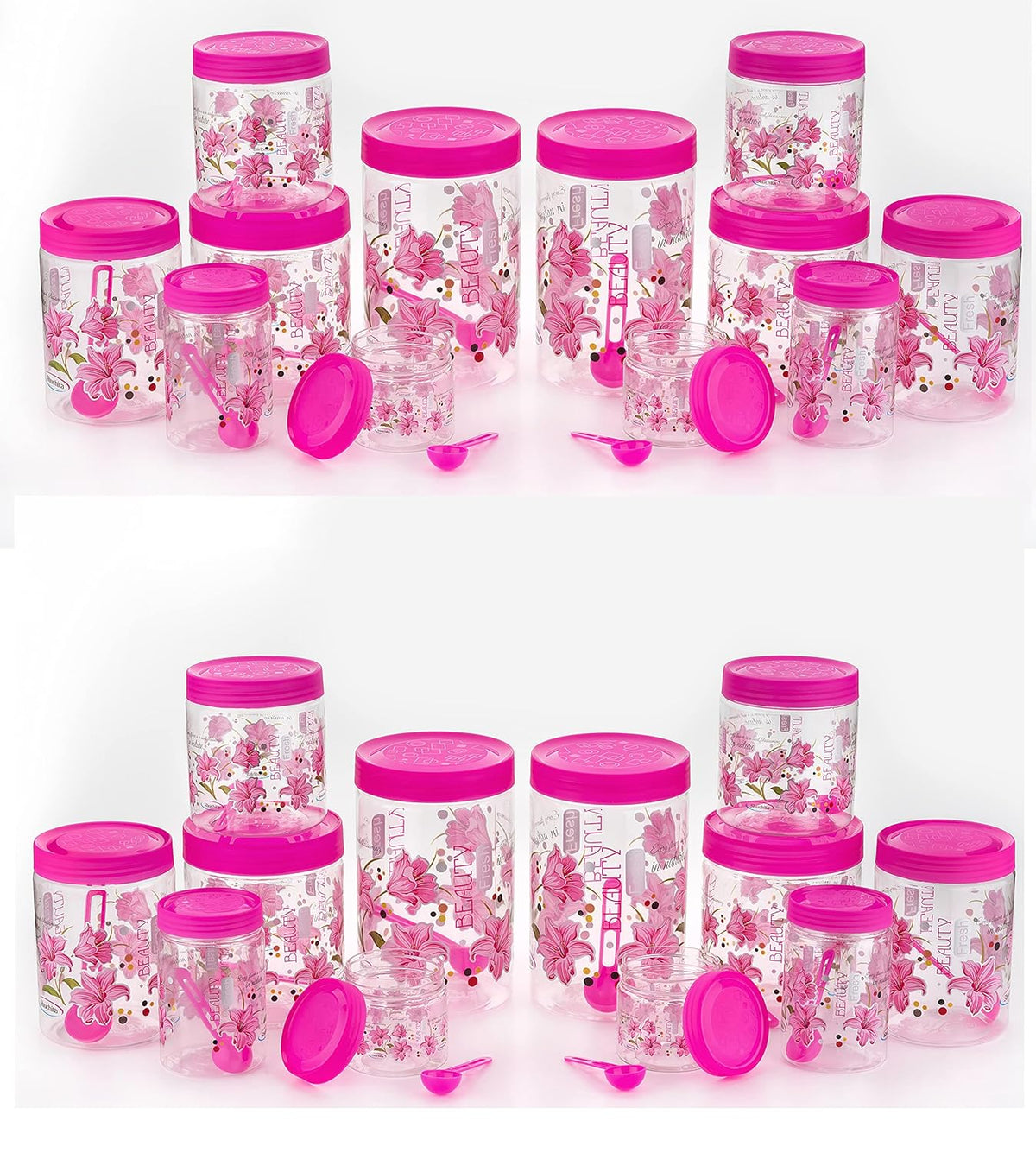 Set of six pink plastic airtight containers with printed design and spoons in 250ml, 350ml, 650ml, and 1250ml capacities.