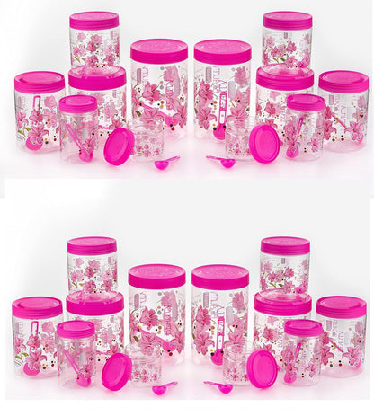 Set of six pink plastic airtight containers with printed design and spoons in 250ml, 350ml, 650ml, and 1250ml capacities.