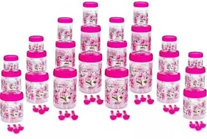 Set of six pink plastic airtight containers with printed designs and spoons, in 250ML, 350ML, 650ML, and 1250ML capacities.