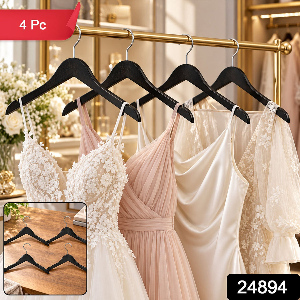 Set of four Wukusy premium clothes hangers with metal hooks, ideal for wardrobe storage and organization.