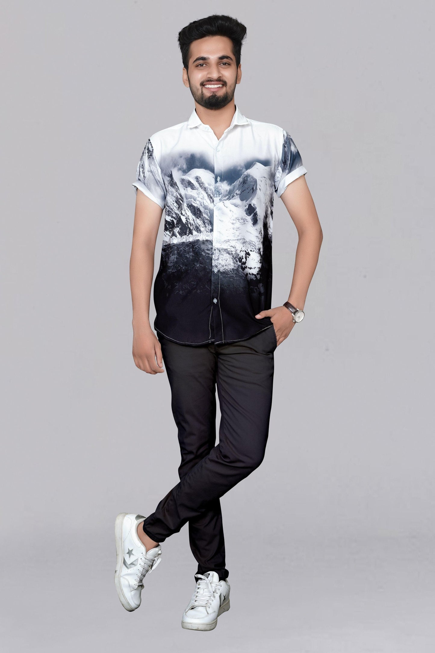 Poly rayon printed men's casual shirt with half sleeves from Drpshippr, featuring a regular fit and stylish pattern.