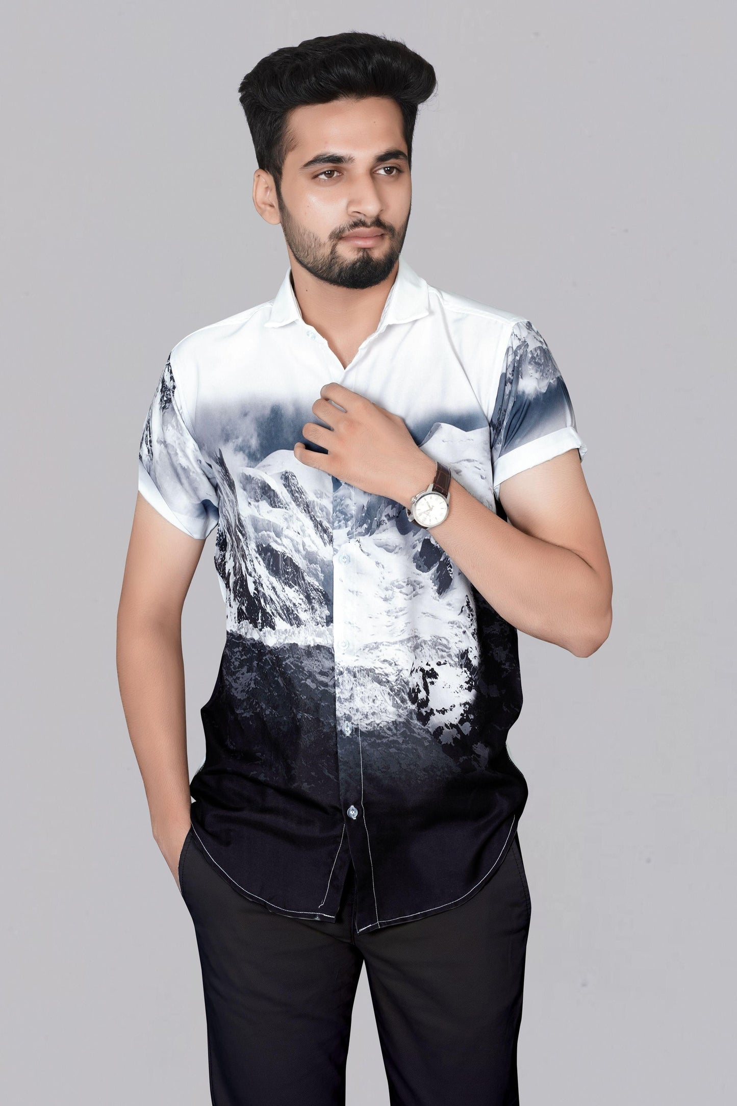Men's casual shirt by Drpshippr, poly rayon fabric with printed design, regular fit, half sleeves, suitable for everyday wear.