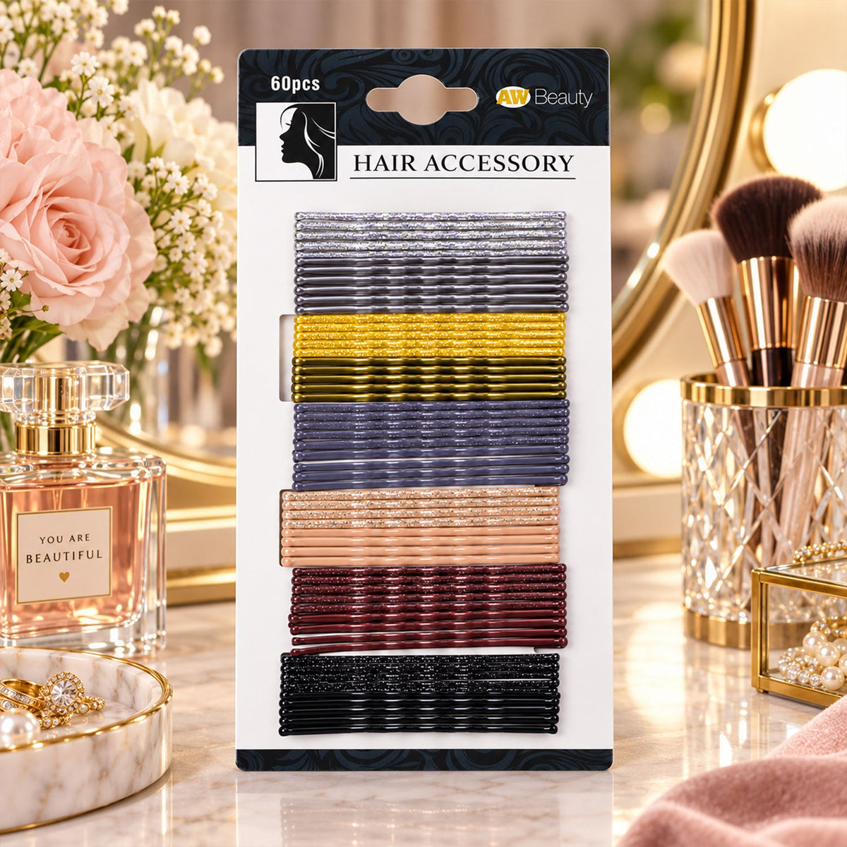 Set of 60 Wukusy metal hair pins with waved grip and rounded tips, ideal for secure and stylish hair styling.