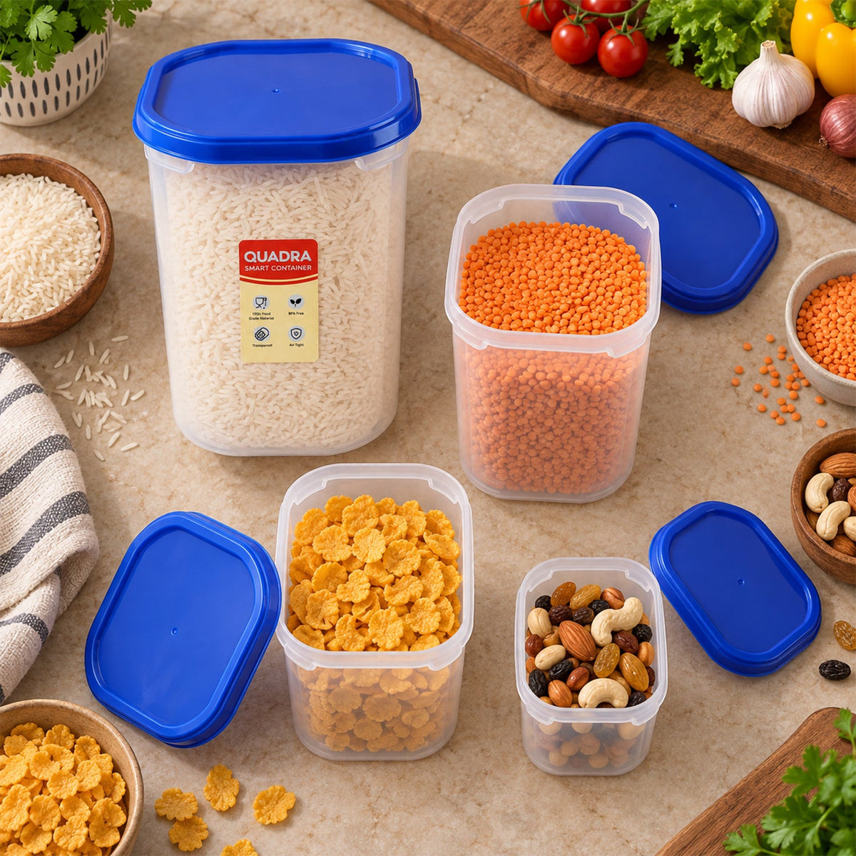Set of four Wukusy plastic food storage containers with lids for kitchen organization and freshness.