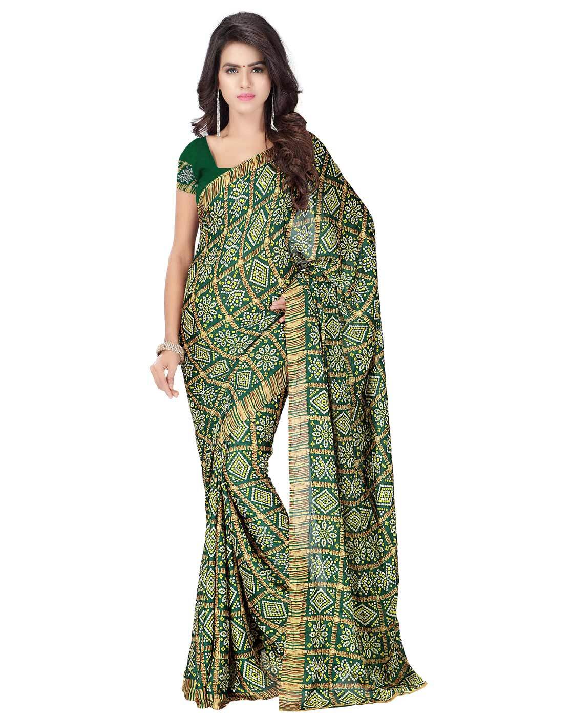 Multicolor printed Bandhani georgette and crepe saree from Drpshippr Women's Collection, showcasing vibrant traditional design.