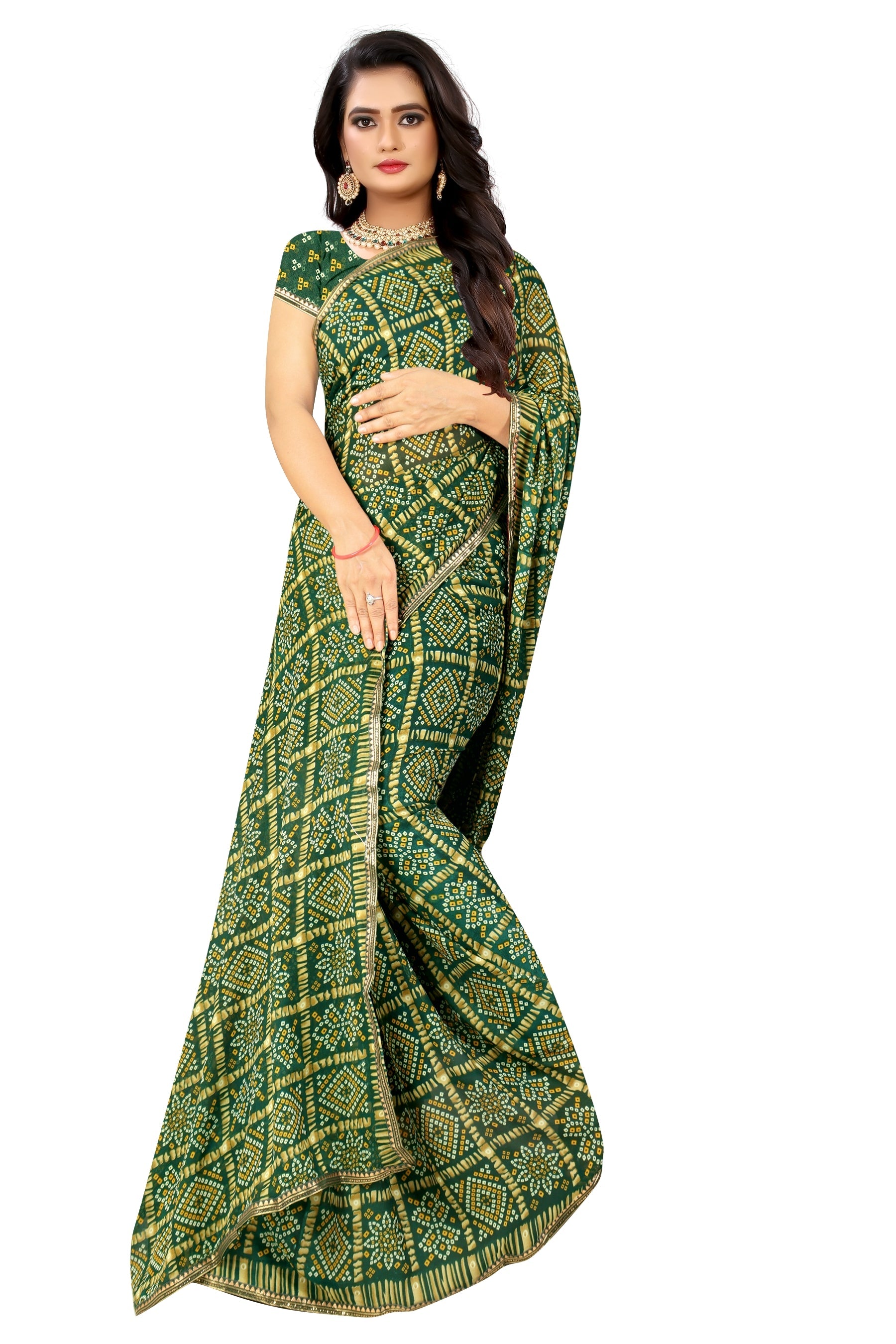 Multicolor printed Bandhani georgette and crepe saree from Drpshippr's women's collection, featuring vibrant traditional patterns.