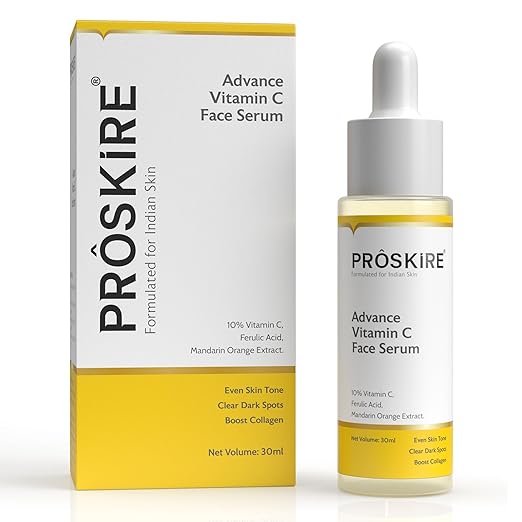 Proskire 10% Advance Vitamin C Serum with Ferulic Acid in 30ml bottle, for dark spots, pigmentation, and glowing skin.