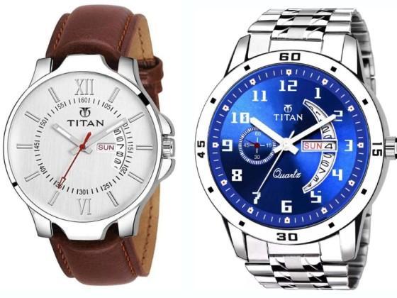 PU leather analog watch and Titan stainless steel analog watch by Drpshippr, showing stylish watch faces and straps.