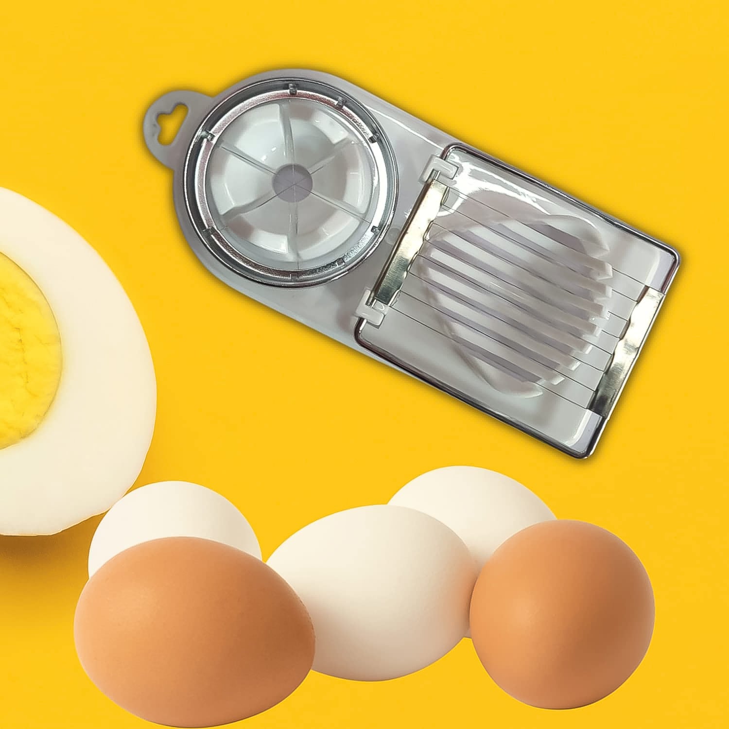 Wukusy 2-in-1 egg slicer and cutter for hard boiled eggs, made of durable plastic with stainless steel blades, suitable for kitchen use