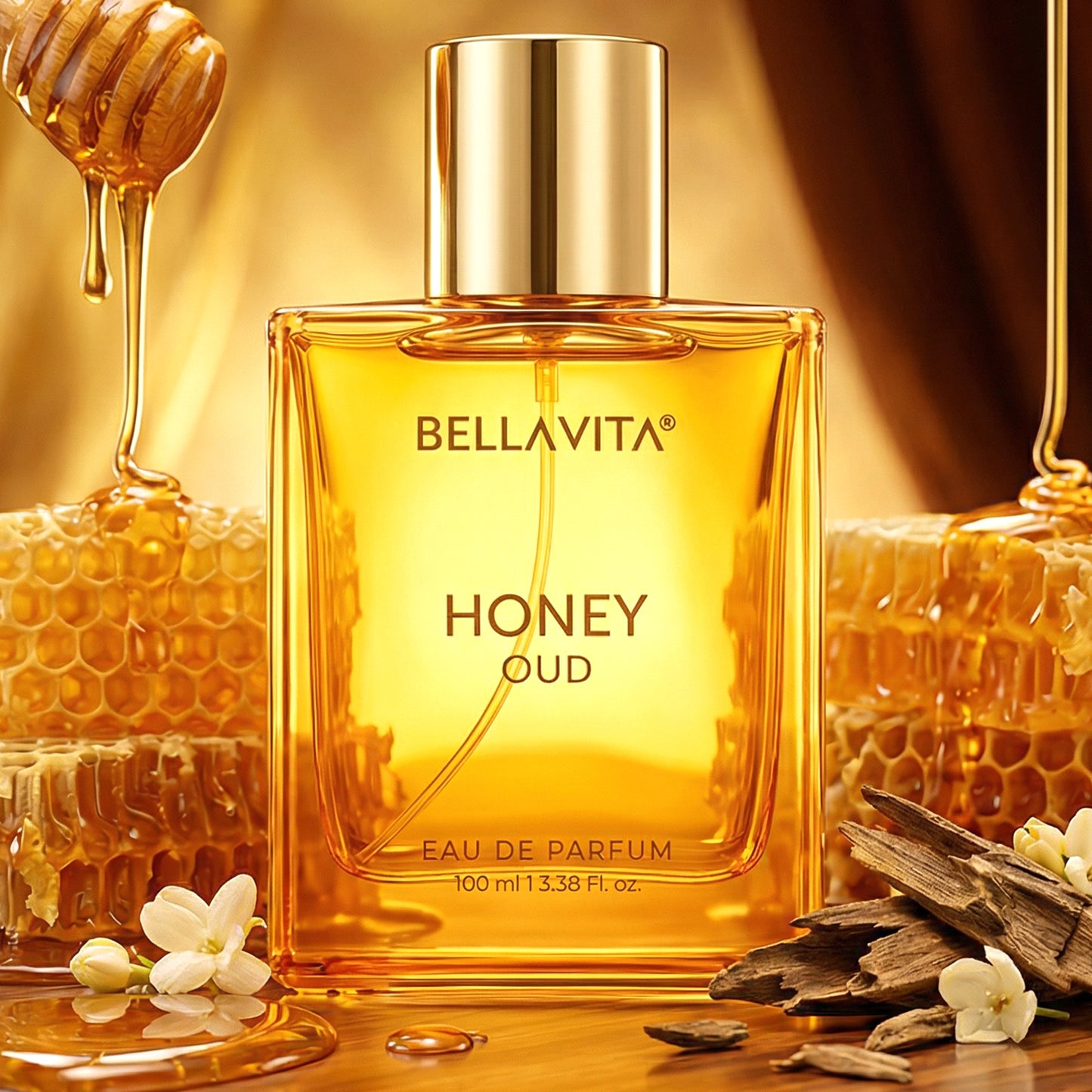 Bellavita Premium Honey Oud perfume by Wukusy in a 100ml bottle, featuring a luxurious honey and oud fragrance.