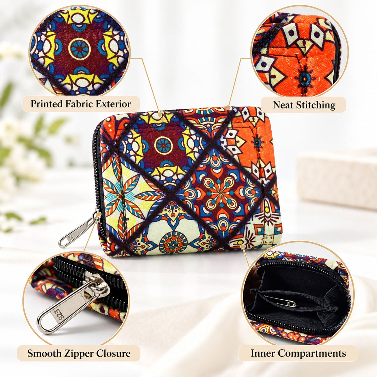 Wukusy Patola style printed clutch wallet with zip closure, 9x11 cm, featuring vibrant traditional pattern and compact design.