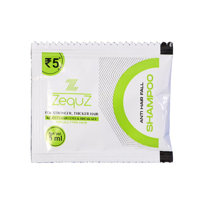 Wukusy Zequz anti-hair fall strengthening shampoo sachet, 5ml, showing the small sachet packaging for hair care.