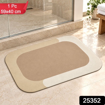 Wukusy decorative bathroom floor mat with soft top surface and border, 59x40 cm, shown on a bathroom floor.