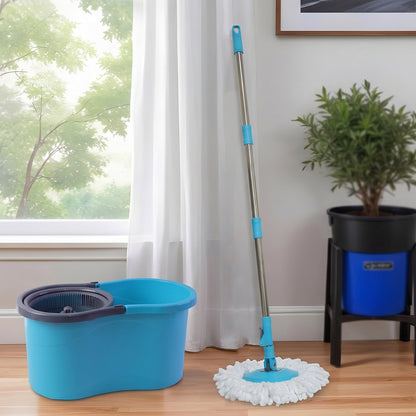 Wukusy 360 degree spin mop bucket set with adjustable stainless steel handle and mop head for easy cleaning.