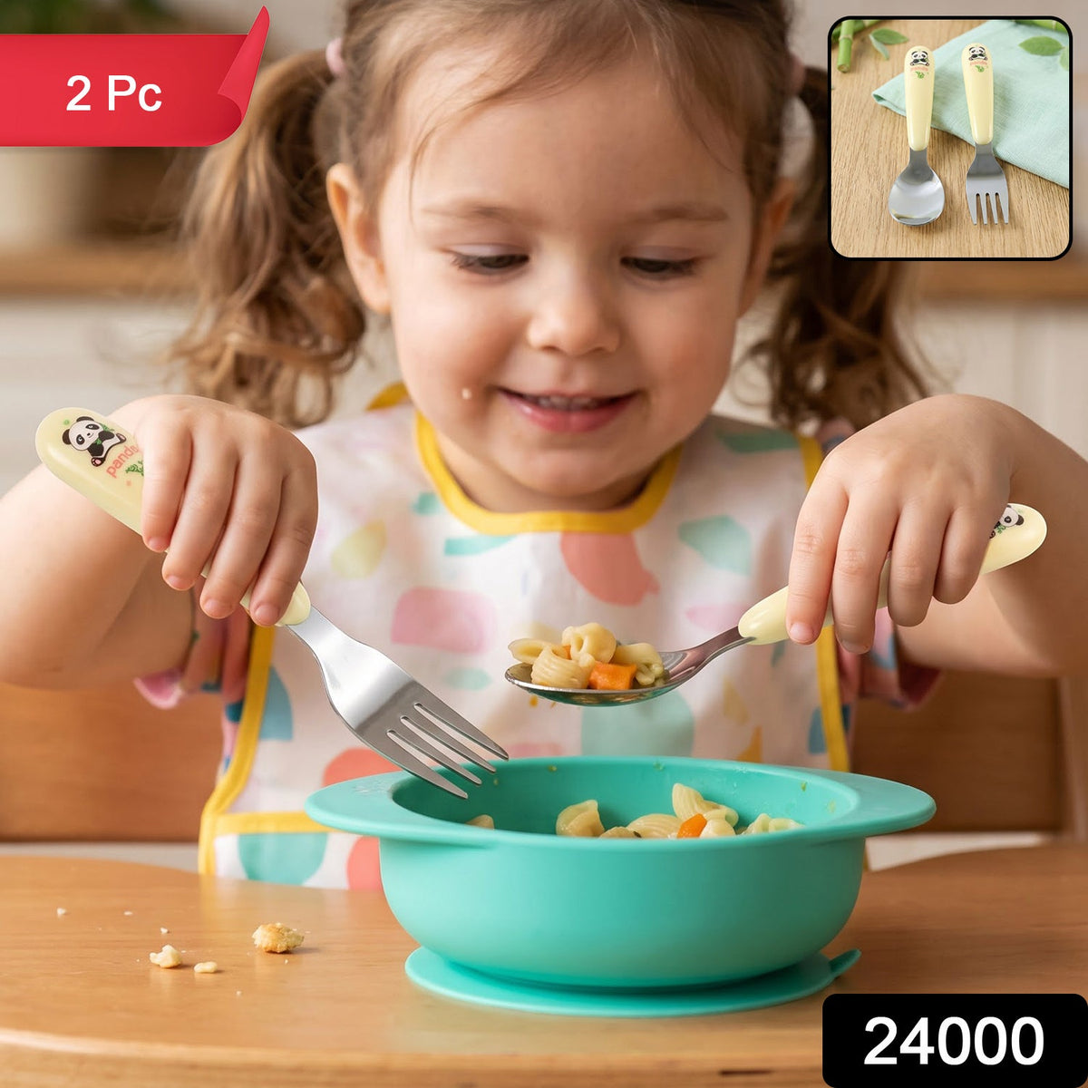 Kids cartoon spoon and fork set with easy grip handles by Wukusy, featuring colorful designs for daily feeding.