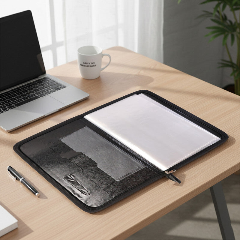 Wukusy Aerotix A4 portfolio file zipper with 20 leaf professional document organizer folder, showing sleek black design and zipper closure.