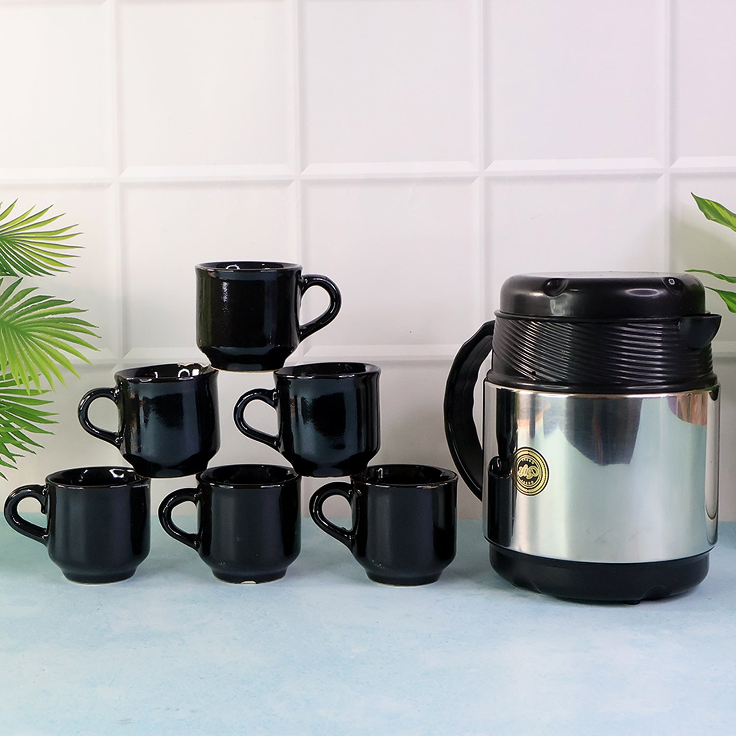 Wukusy tea and coffee thermos flask with six ceramic cups set for home and kitchen use, ideal for hot beverages.