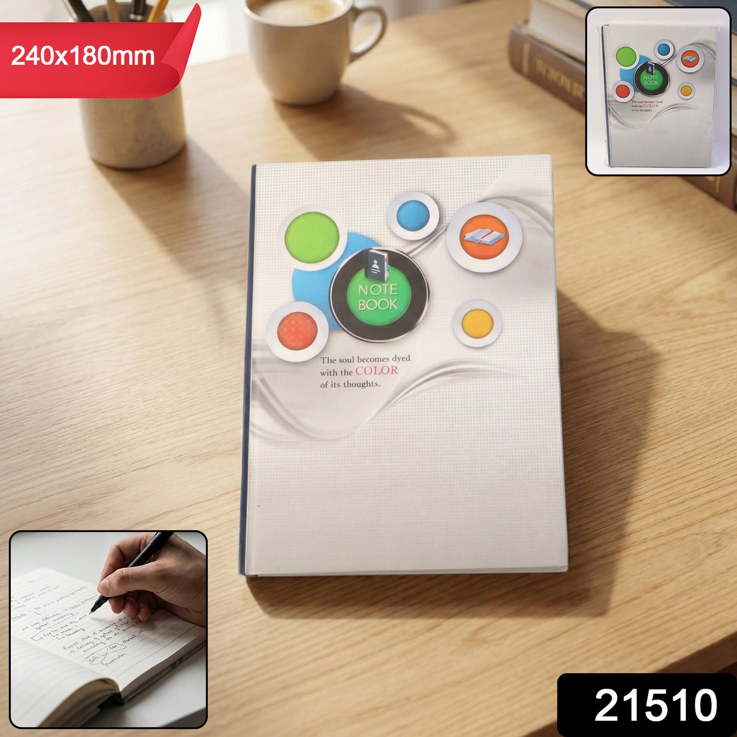 Hardbound ruled notebook by Wukusy with 100 pages, measuring 240x180mm, open to show lined pages and sturdy cover.