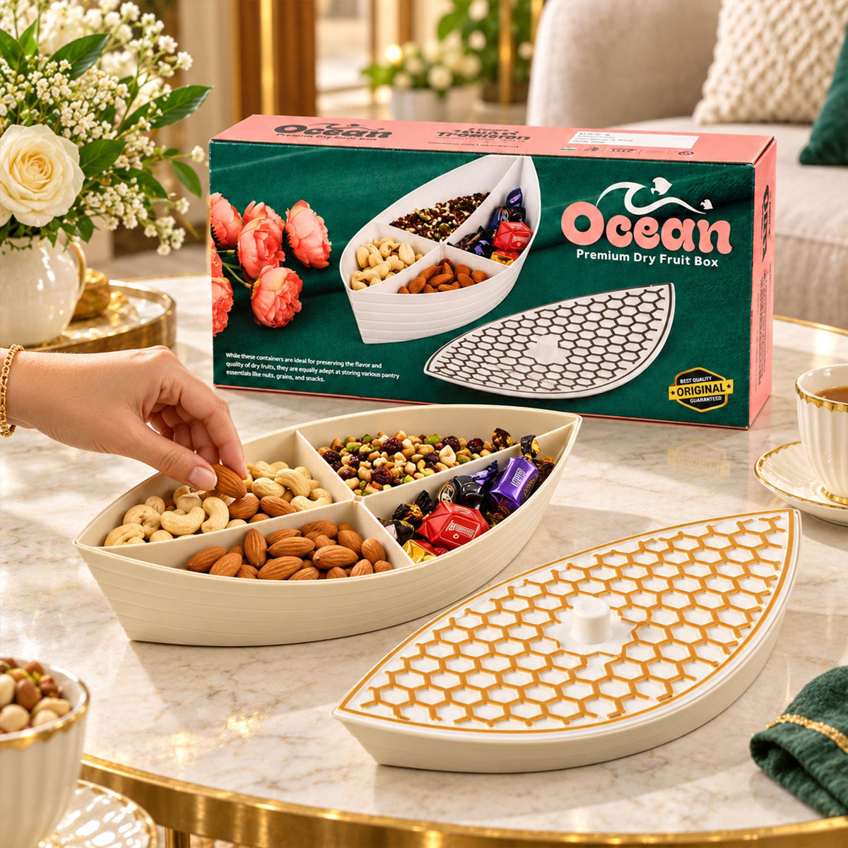 Wukusy boat-shaped dry fruit serving box with honeycomb lid, featuring four compartments for nuts and snacks.