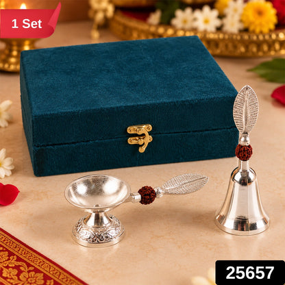 Silver Finish Pooja Bell And Diya Set With Leaf Handles And Box (1 Set)