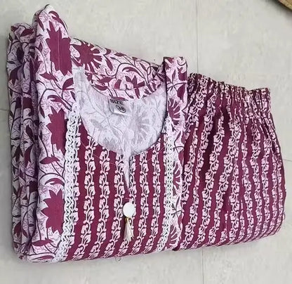 Women’s Cotton Kurti Set with Bottomwear – Purple Kurta & Maroon Pants, Three-Quarter Sleeves, Printed Floral, Daily Wear