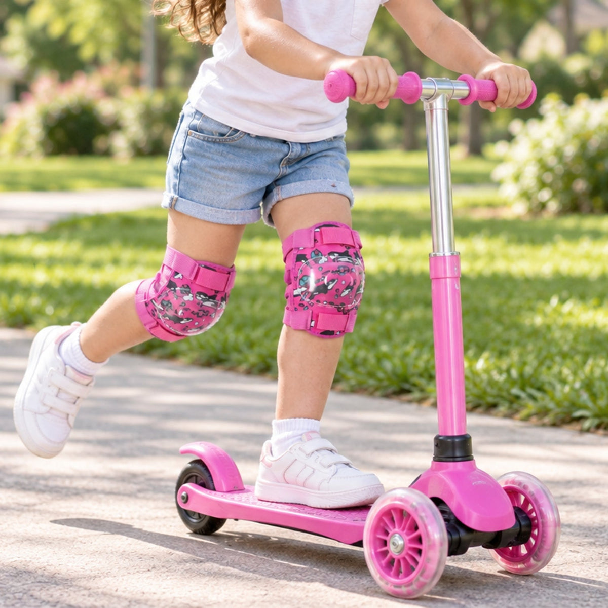 Wukusy adjustable kids knee protection pads for cycling, skating, and scooter play, shown in a pair with padding and adjustable straps.