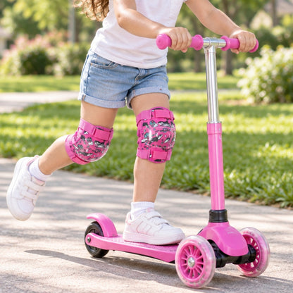 Wukusy adjustable kids knee protection pads for cycling, skating, and scooter play, shown in a pair with padding and adjustable straps.