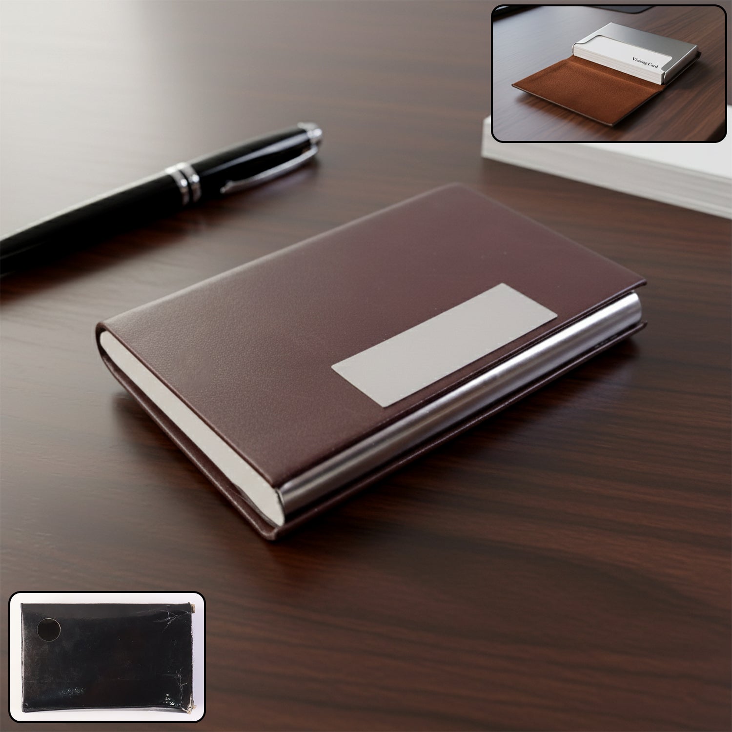 Wukusy premium executive travel business card holder with sleek black leather exterior and compact design.