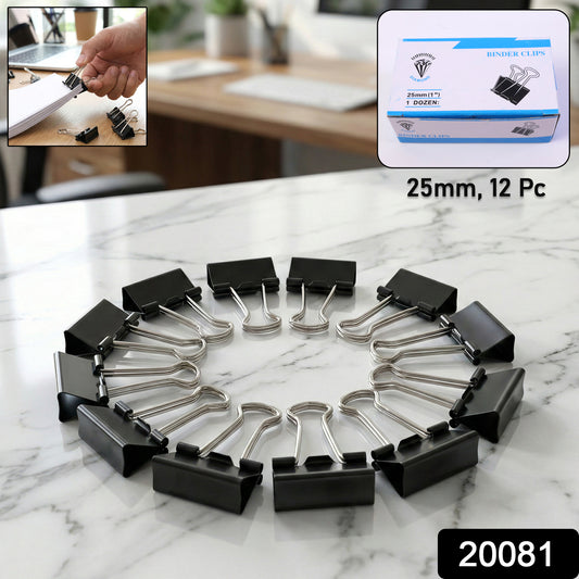 Set of 12 heavy duty black metal binder clips, 25 mm size, from Wukusy for secure paper organization and binding.