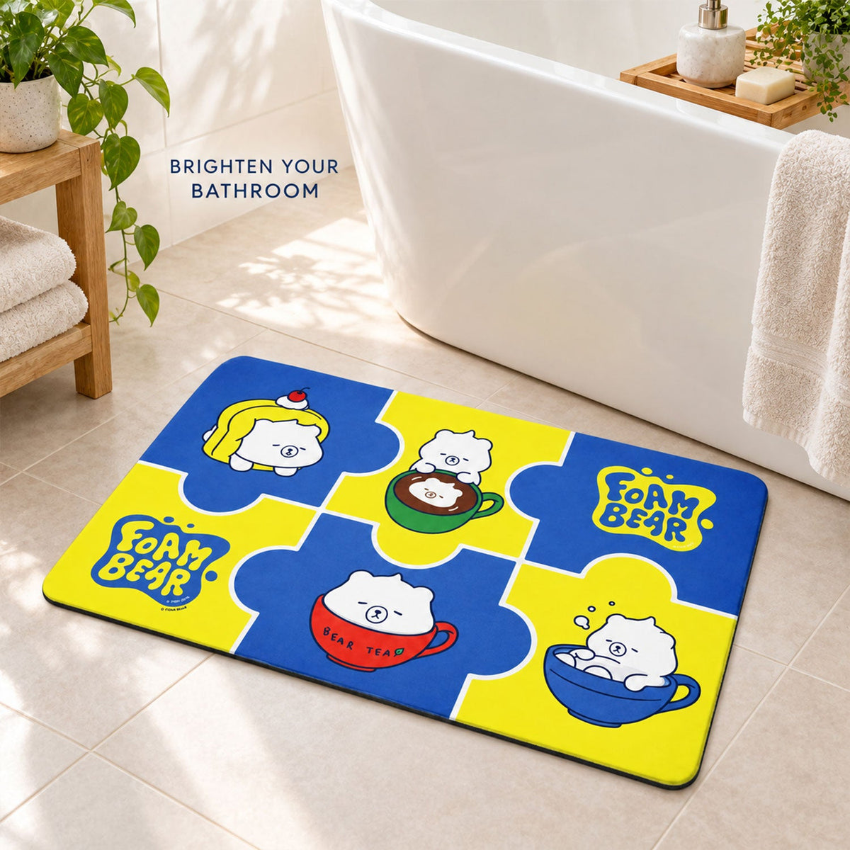 Wukusy absorbent bathroom mat with cute cartoon bear print, quick-drying fabric, 45x74 cm size, ideal for bathroom decor and comfort