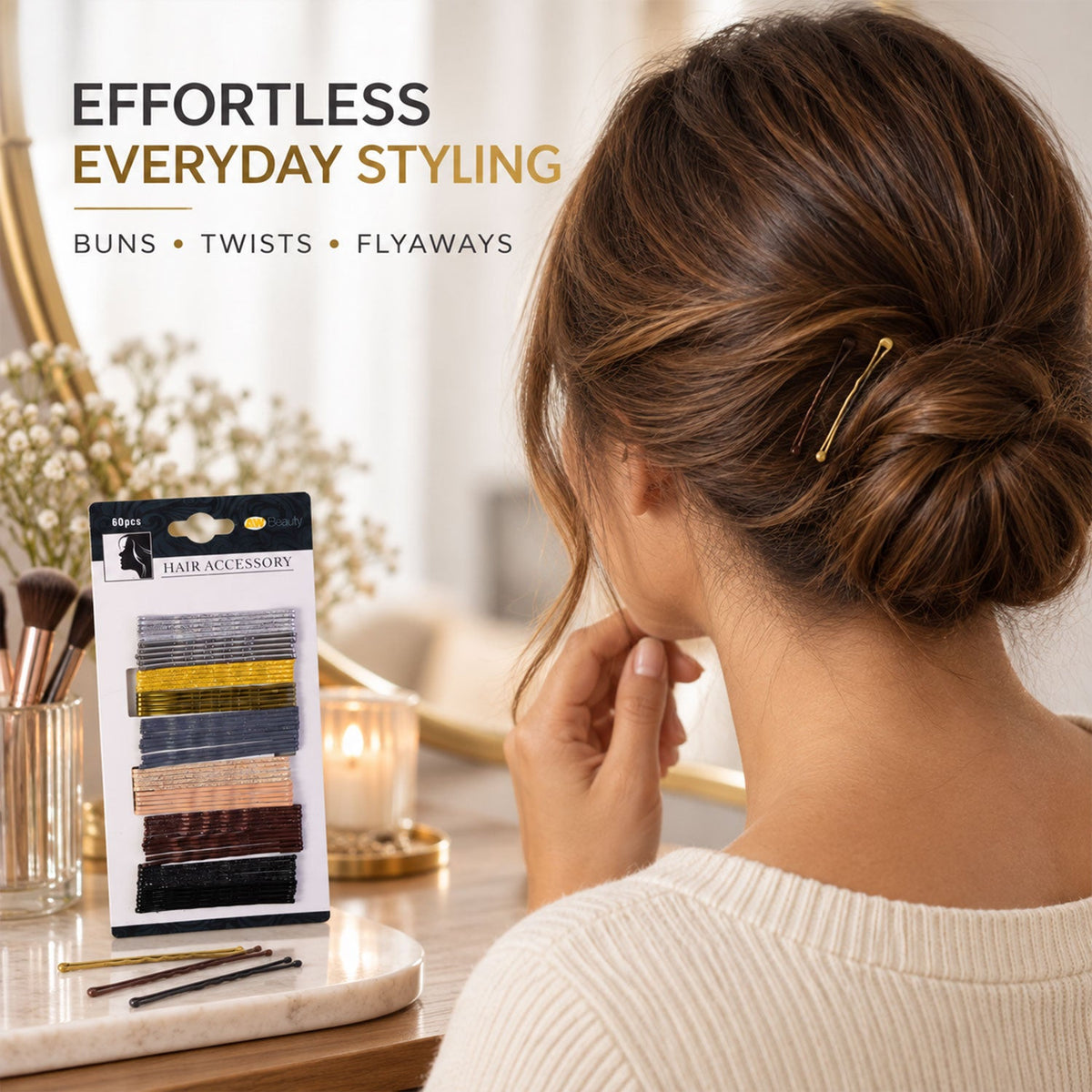 Set of 60 Wukusy metal hair pins with waved grip and rounded tips, 5cm for secure hair styling and easy placement.