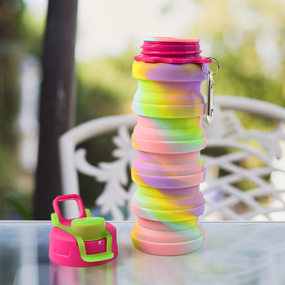Colorful collapsible silicone water bottle by Wukusy, showing its bright, flexible design and compact form for easy carrying
