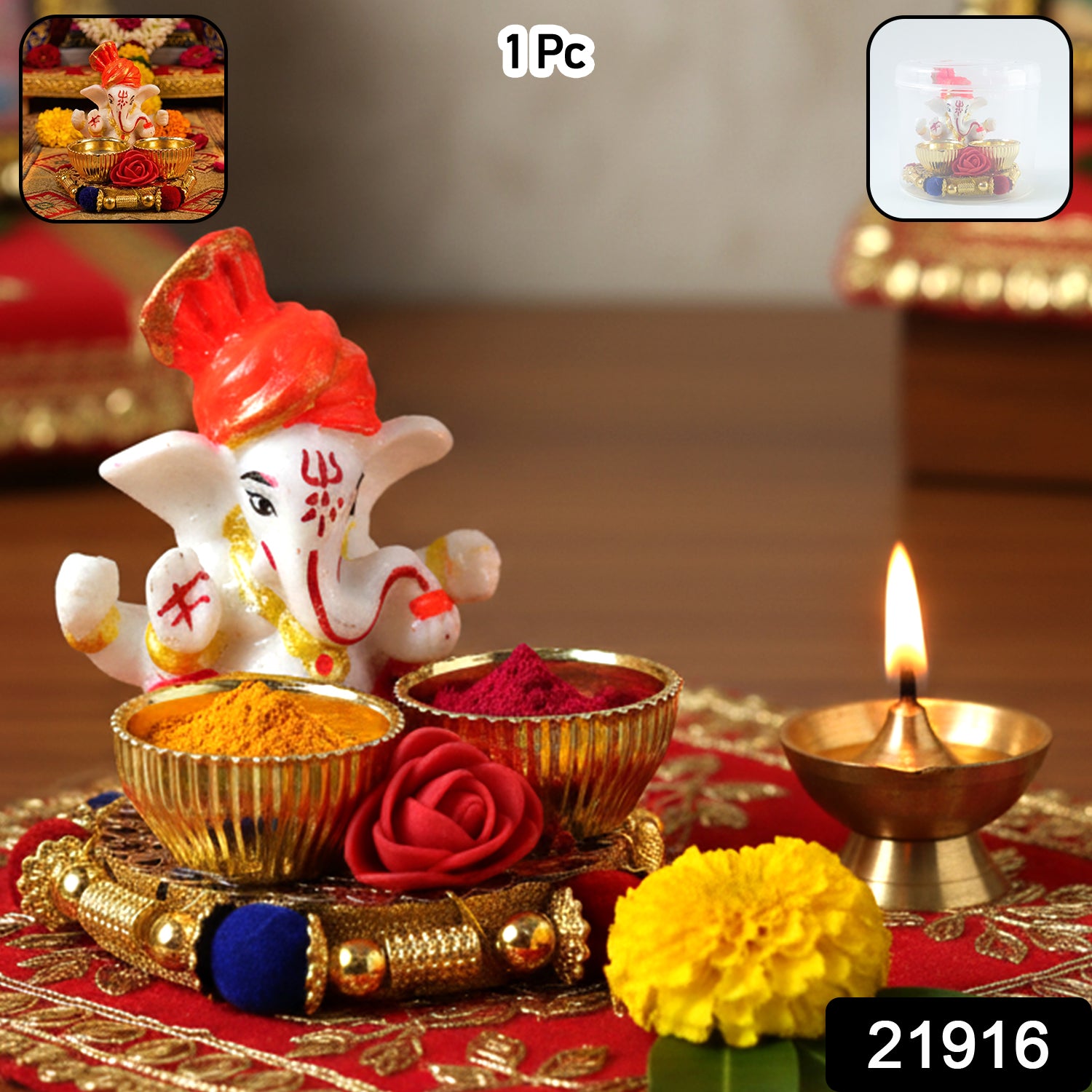 Decorative Lord Ganesha Pooja Thali set by Wukusy with intricate designs and traditional Hindu religious symbols.