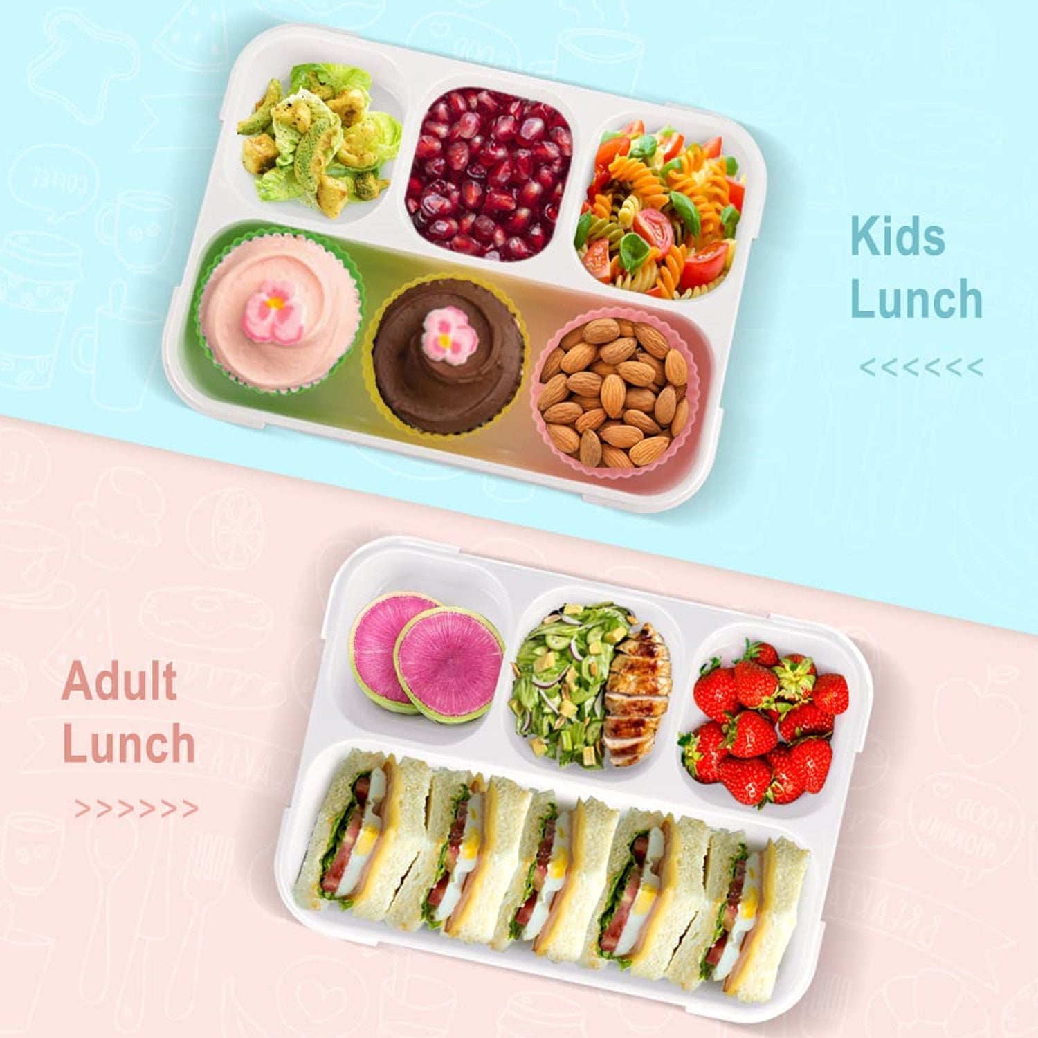 Wukusy 5212 lunch box with four compartments and leak-proof design, ideal for school and office meals, shown in the image.