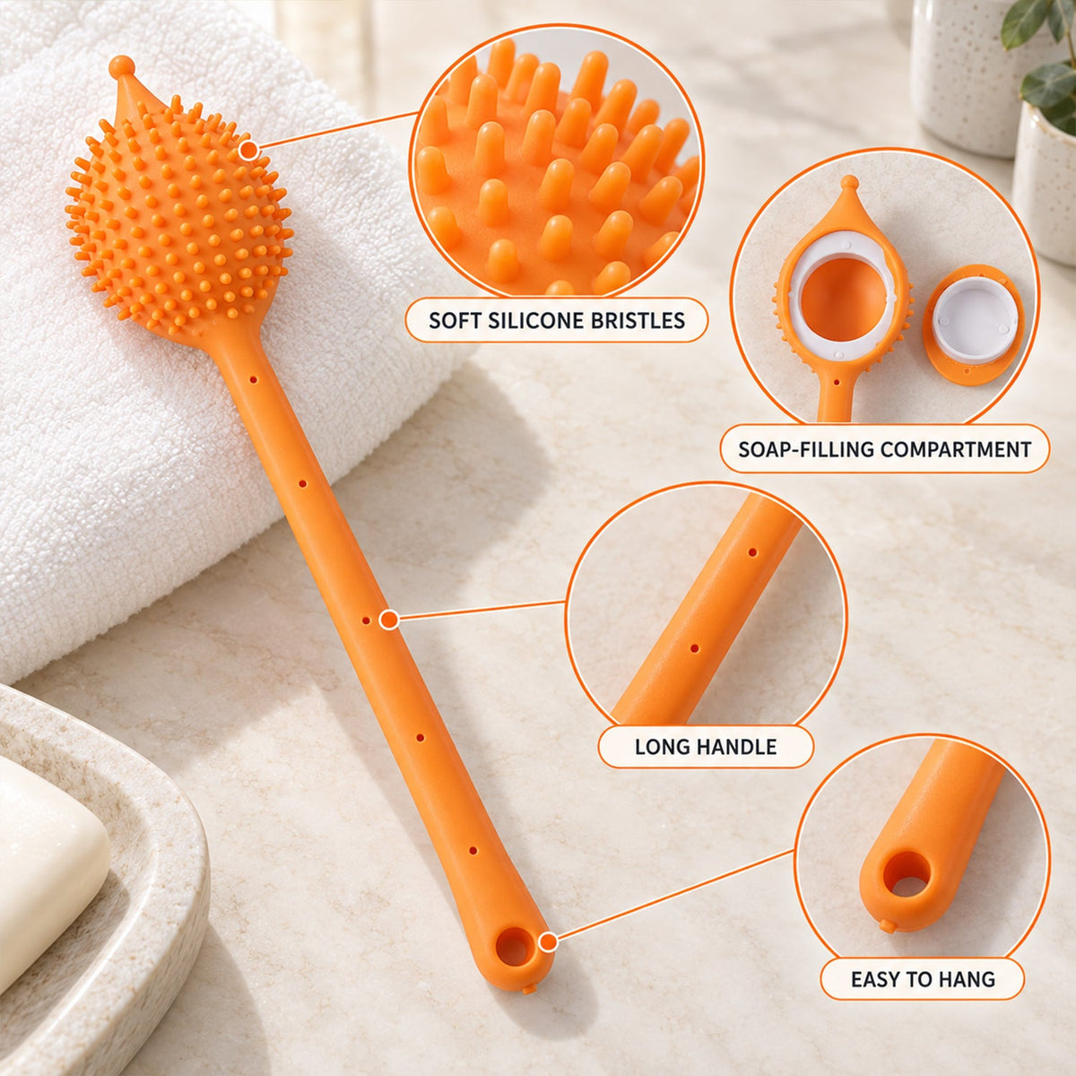 Long Handle Silicone Back Scrubber With Soap Dispenser (1 Pc 31 X 6 Cm)