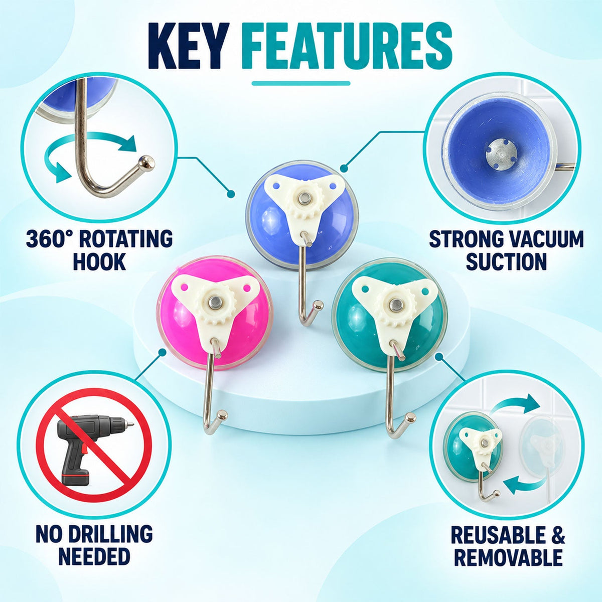 Wukusy suction cup snap wall hooks, 3-piece set for bathroom and kitchen storage