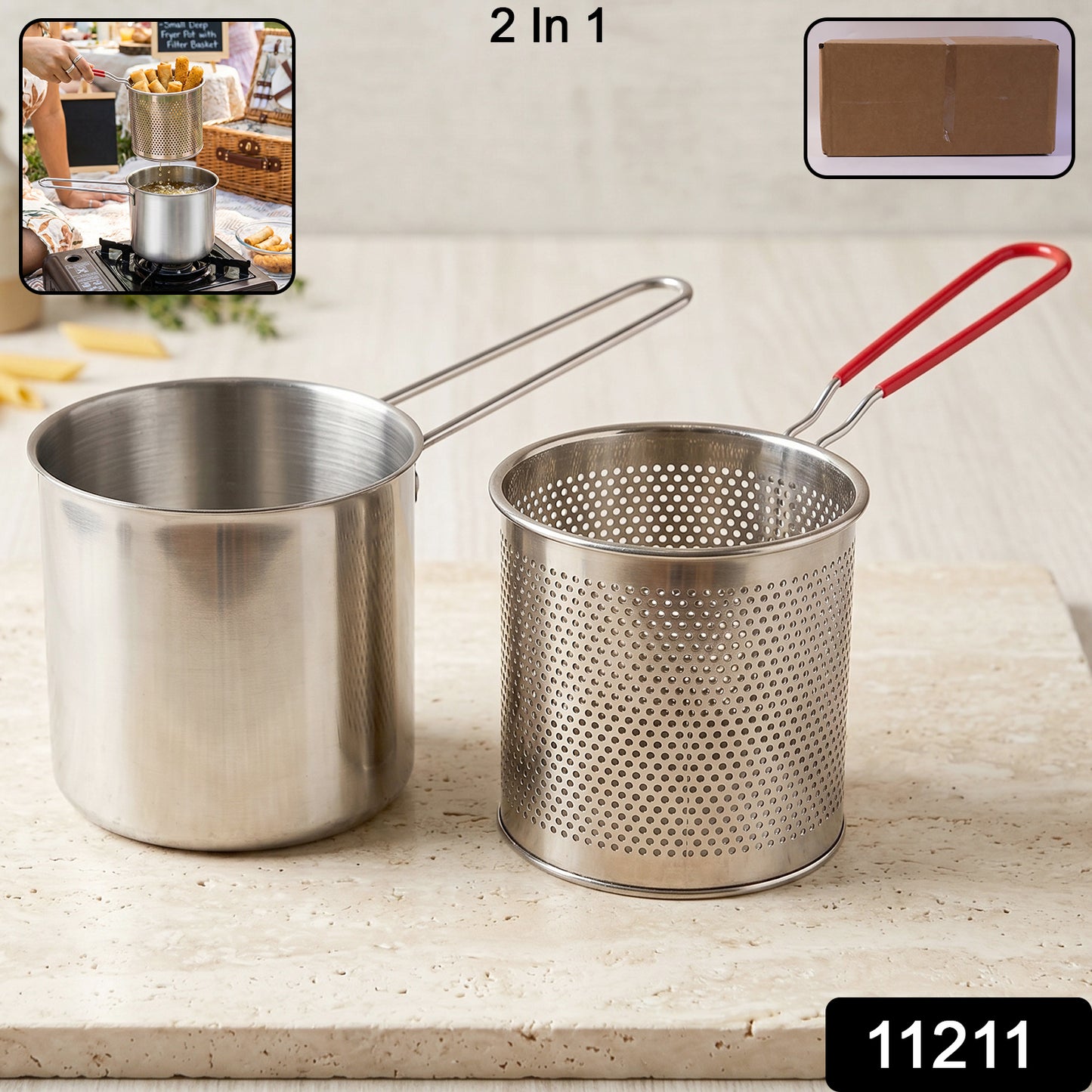 Stainless steel deep frying pot with strainer basket, ideal for kitchen cooking, featuring a sturdy handle and durable construction.
